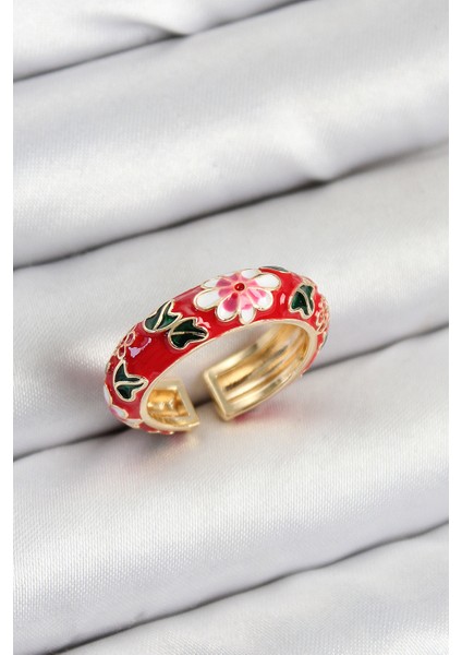 Pirinç Kırmızı Mineli Çiçek Motifli Renk Ayarlanabilir Kadın Yüzük - Lisinya