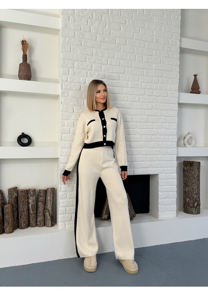 Krem Singa Garnili Şerit Detay Uzun Kol Crop-Pantolon Triko Pamuk Kadın Alt-Üst Takım fiyatları
