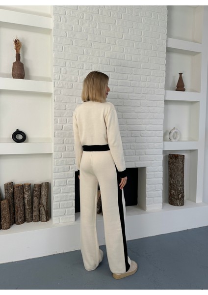 Krem Singa Garnili Şerit Detay Uzun Kol Crop-Pantolon Triko Pamuk Kadın Alt-Üst Takım indirimleri