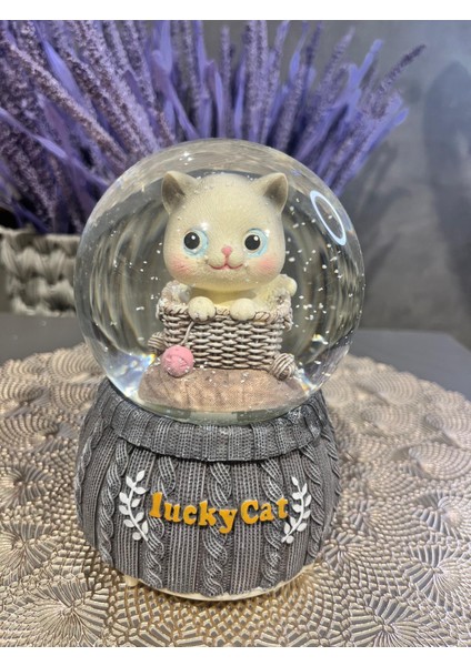 Sevimli Kedi Işıklı Müzikli Kar Püskürtmeli Büyük Boy Pilli Kar Küresi