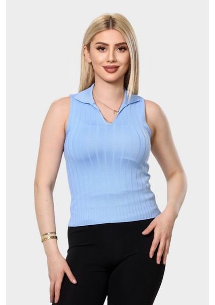 Çizgili Yumşak Dokulu Polo Yaka V Kesim Kolsuz Triko Bluz - Mavi