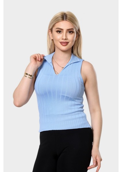 Çizgili Yumşak Dokulu Polo Yaka V Kesim Kolsuz Triko Bluz - Mavi fiyatları