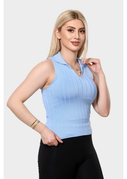 Çizgili Yumşak Dokulu Polo Yaka V Kesim Kolsuz Triko Bluz - Mavi modelleri