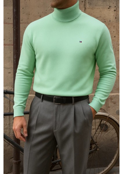 Erkek Premium Boğazlı Mint Triko Kazak