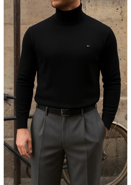 Erkek Premium Boğazlı Siyah Triko Kazak
