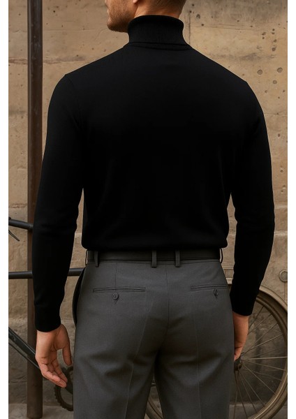 Erkek Premium Boğazlı Siyah Triko Kazak