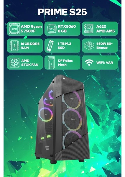 Prime S25 Amd Ryzen 5 7500F 16GB Ram 1tb SSD RTX5060 Freedos Oyuncu Oem Paket