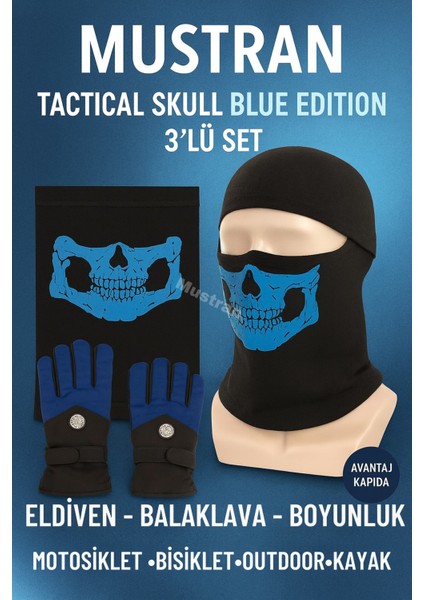 Tactical Skull Blue Edition 3’lü Set – Eldiven + Boyunluk + Balaklava Kar Kayak Motosiklet Eldiveni