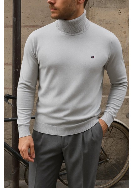 Erkek Premium Boğazlı Gri Triko Kazak