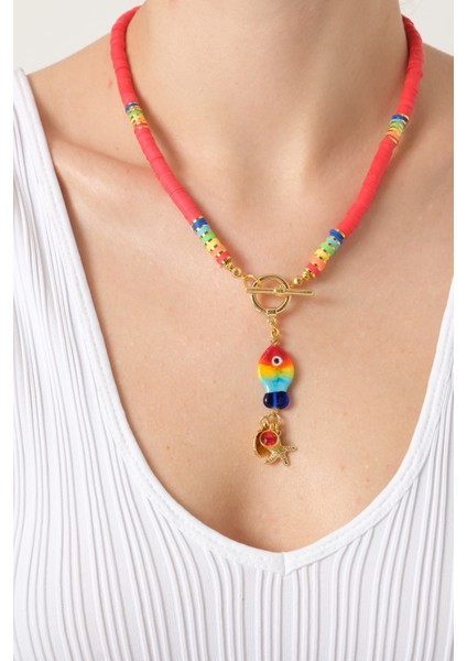 Balık Uçlu Renkli Fimo Boncuklu Kolye