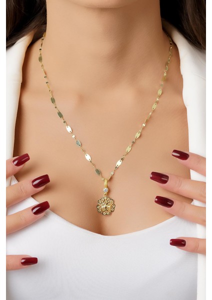 14 Ayar Altın Kalın Aynalı Zincirde Gül Motifli Telkari Kolye fiyatları