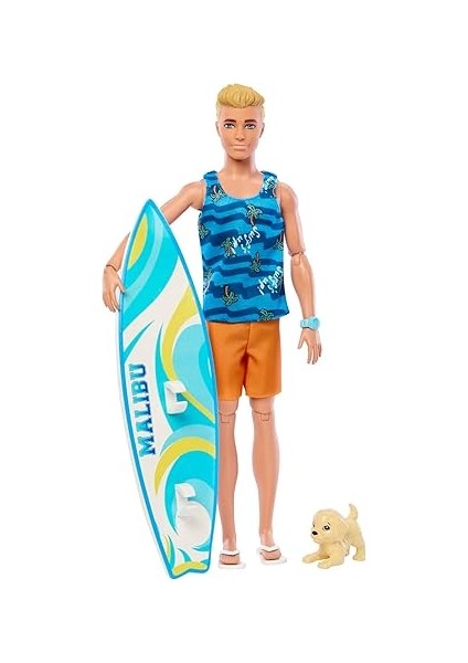 Sörf Tahtası ile Ken Bebek, Bükülebilir Sarışın Barbie, Havlu Gibi Temaya Uygun Aksesuarlarıyla Ken ... + 5 Barbie Oyuncağı