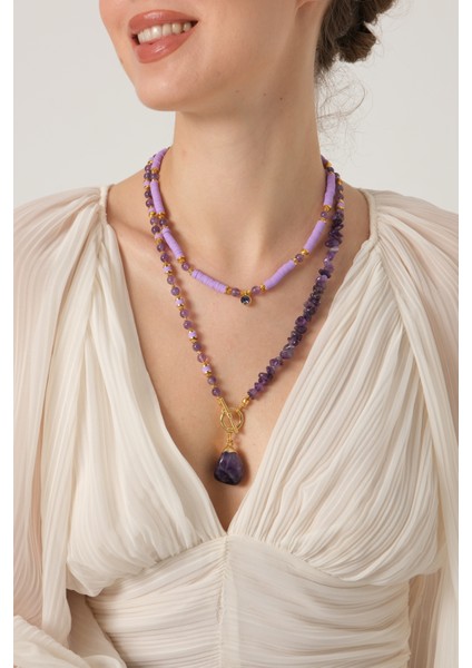 db DİLEK BAŞ TASARIM Ametist Taşı ve Fimo Boncuklu Kolye