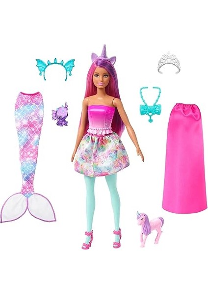 ™ Dreamtopia Bebek ve Aksesuarlar Barbie Bebek ve Evcil Hayvanları, Kıyafetli Bebek, Deniz Kızı Kuyru... + 2 Barbie Oyuncağı