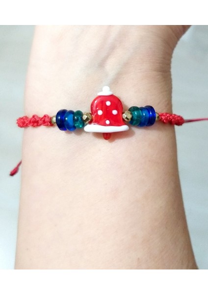 Hematit Doğaltaşlı Elyapımı Murano Cam Noel Çanı Kırmızı Makrome Yılbaşı Bileklik