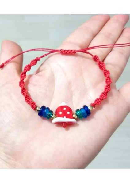 Hematit Doğaltaşlı Elyapımı Murano Cam Noel Çanı Kırmızı Makrome Yılbaşı Bileklik