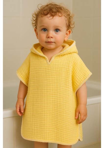 Çoban Dikişli 4 Katlı Sarı %100 Pamuk Bebek Müslin Panço