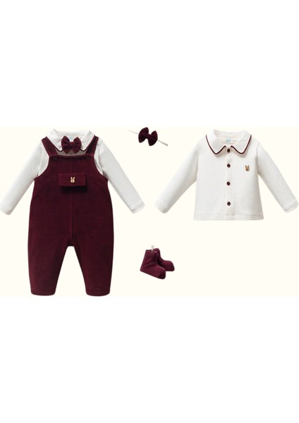 Erkek Bebek Kışlık Lüks Kutulu Hediye Seti Biyeli Gömlek, Kadife Askılı Pantolon 4'lü Takım 617997