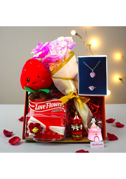 Sevgililer Günü Hediye Seti Peluş Anahtarlık, Sonsuzluk Gülü, Kar Küresi, Atlı Karınca