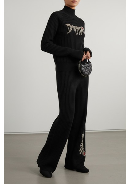 Fitilli Dokulu Inci Işlemeli Parmak Geçirmeli Yarım Balıkçı Yaka Triko Ikili Takım - Siyah fiyatları