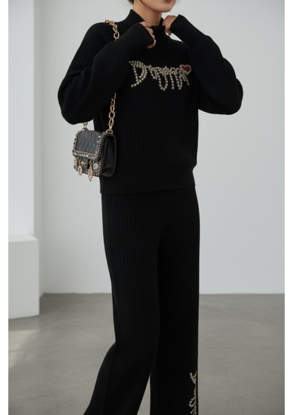 Fitilli Dokulu Inci Işlemeli Parmak Geçirmeli Yarım Balıkçı Yaka Triko Ikili Takım - Siyah modelleri