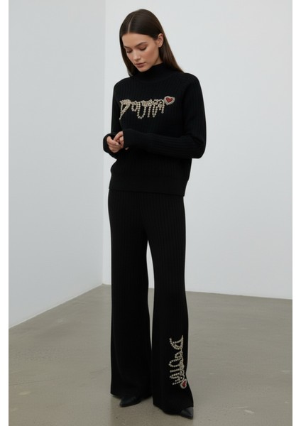 Fitilli Dokulu Inci Işlemeli Parmak Geçirmeli Yarım Balıkçı Yaka Triko Ikili Takım - Siyah fırsatları