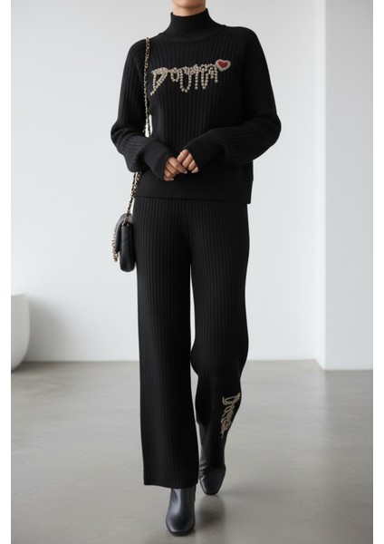 Fitilli Dokulu Inci Işlemeli Parmak Geçirmeli Yarım Balıkçı Yaka Triko Ikili Takım - Siyah indirimleri