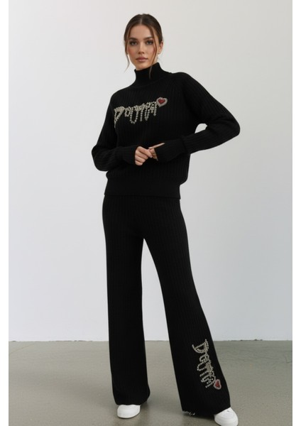 Fitilli Dokulu Inci Işlemeli Parmak Geçirmeli Yarım Balıkçı Yaka Triko Ikili Takım - Siyah