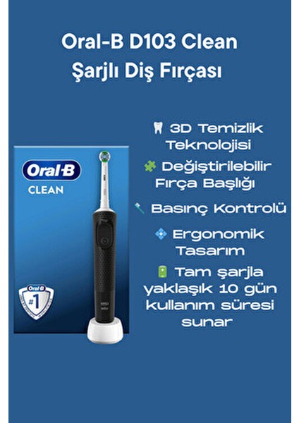 D103 Vitality Pro Cross Action Şarjlı Diş Fırçası - Siyah 3 Fırçalama Modu ile Derin Temizlik