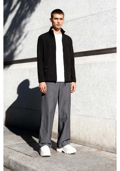 Siyah Yazı Nakışlı Dik Yaka Fermuarlı Standart Kalıp Erkek Sweatshirt Polar - 87992