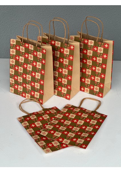 Yılbaşı Konseptli Kraft Kağıt Çanta 18X8X24 cm – 5’li Paket | Hediye Poşeti & Hediye Paketi