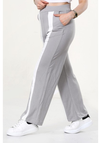 Kadın Geniş Paça Şeritli Yüksek Bel Bol Eşofman Altı - Gri modelleri