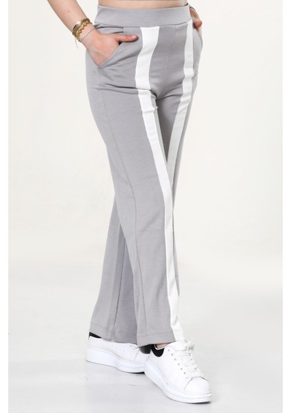 Kadın Geniş Paça Şeritli Yüksek Bel Bol Eşofman Altı - Gri fiyatları