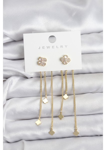 Pirinç Gold Renk Yonca Model Sallantılı Kadın Küpe - Lisinya