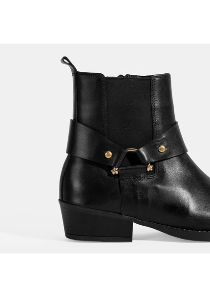 Kadın Siyah Lastik Detaylı Deri Bot