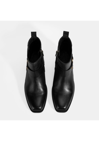 Kadın Siyah Lastik Detaylı Deri Bot
