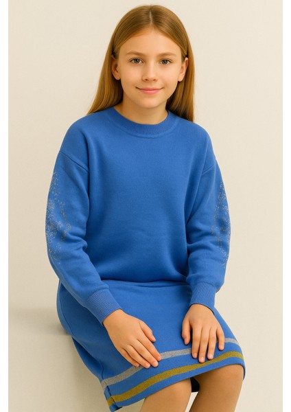 Kız Çocuk Uzun Kollu Desenli Triko Elbise – Rahat Kalıp, Günlük ve Şık Model - Mavi