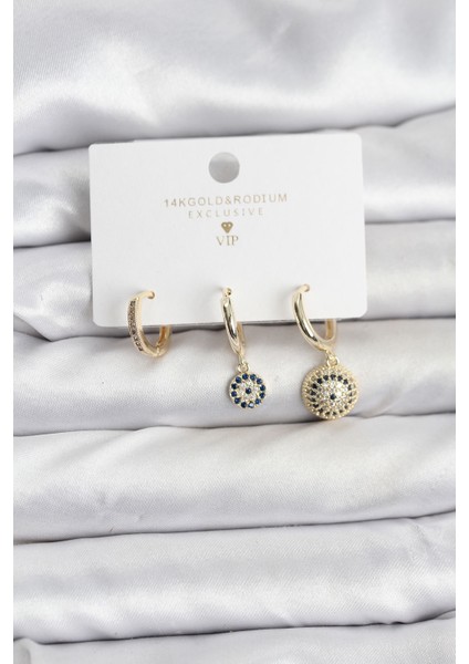 Nazar Model Gold Renk Pirinç 3'lü Kadın Küpe Seti - Lisinya