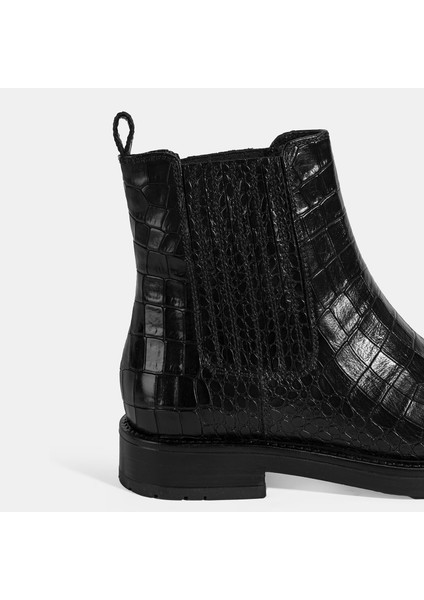 Kadın Siyah Kroko Baskılı Lastikli Deri Bot