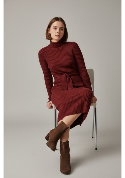 Kadın Fitilli Triko Kuşaklı Midi Elbise Yüksek Yaka, Uzun Kollu - Bordo fiyatları