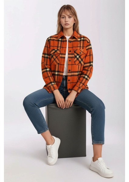 Kadın Desen Bloklu Oduncu Oversize Bol ve Geniş Kalıp Casual Cepli Yakalı Ceket Gömlek