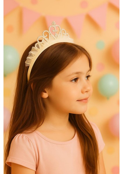Taşlı ve Taraklı Ekru Renkli Kız Çocuk Prenses Taç- Kutulu