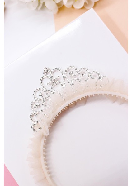 Taşlı ve Taraklı Ekru Renkli Kız Çocuk Prenses Taç- Kutulu fırsatları