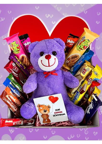 Sevgiliye Özel Çikolata ve Mor Ayıcıklı Hediye Kutusu