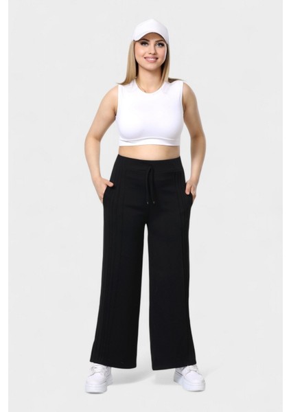 Trend Geniş Paça Şeritli Beli Bağcıklı Rahat Kesim Eşofman Altı - Siyah