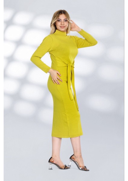 Kendinden Kuşaklı Düz Çizgili Tasarımlı Kısa Triko Rahat Elbise Şık ve Moderen - Sarı fiyatları