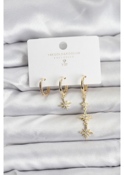 Kutup Yıldızı Model Gold Renk Pirinç 3'lü Kadın Küpe Seti - Lisinya