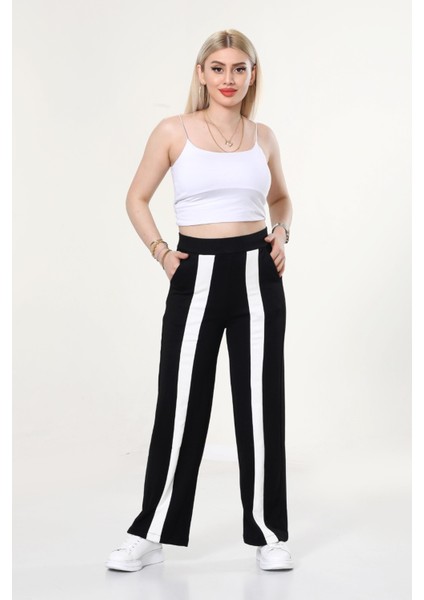 Kadın Geniş Paça Şeritli Yüksek Bel Bol Eşofman Altı - Siyah fiyatları