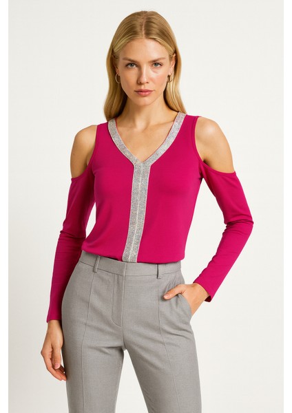 Kadın V Yaka Önden Parıltılı Şeritli Omzu Açık Uzun Kol Viskon Spor Şık Büyük Beden Curve Bluz