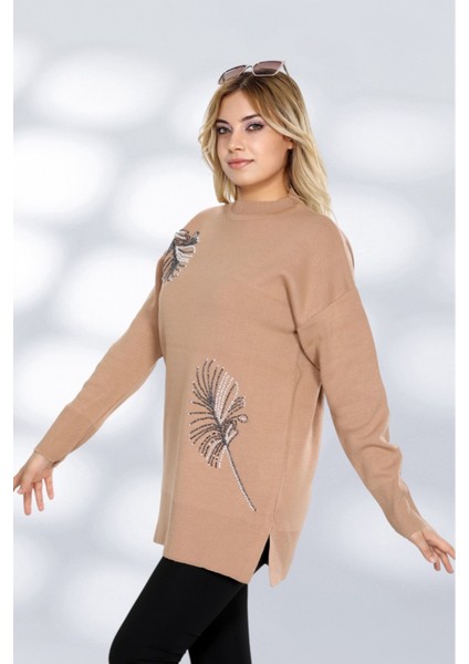Taş Işlemeli Şık Tasarım Uzun Kollu Triko Tunik Rahat Kalıp Günlük ve Özel Gün Kombinlerine Uygun